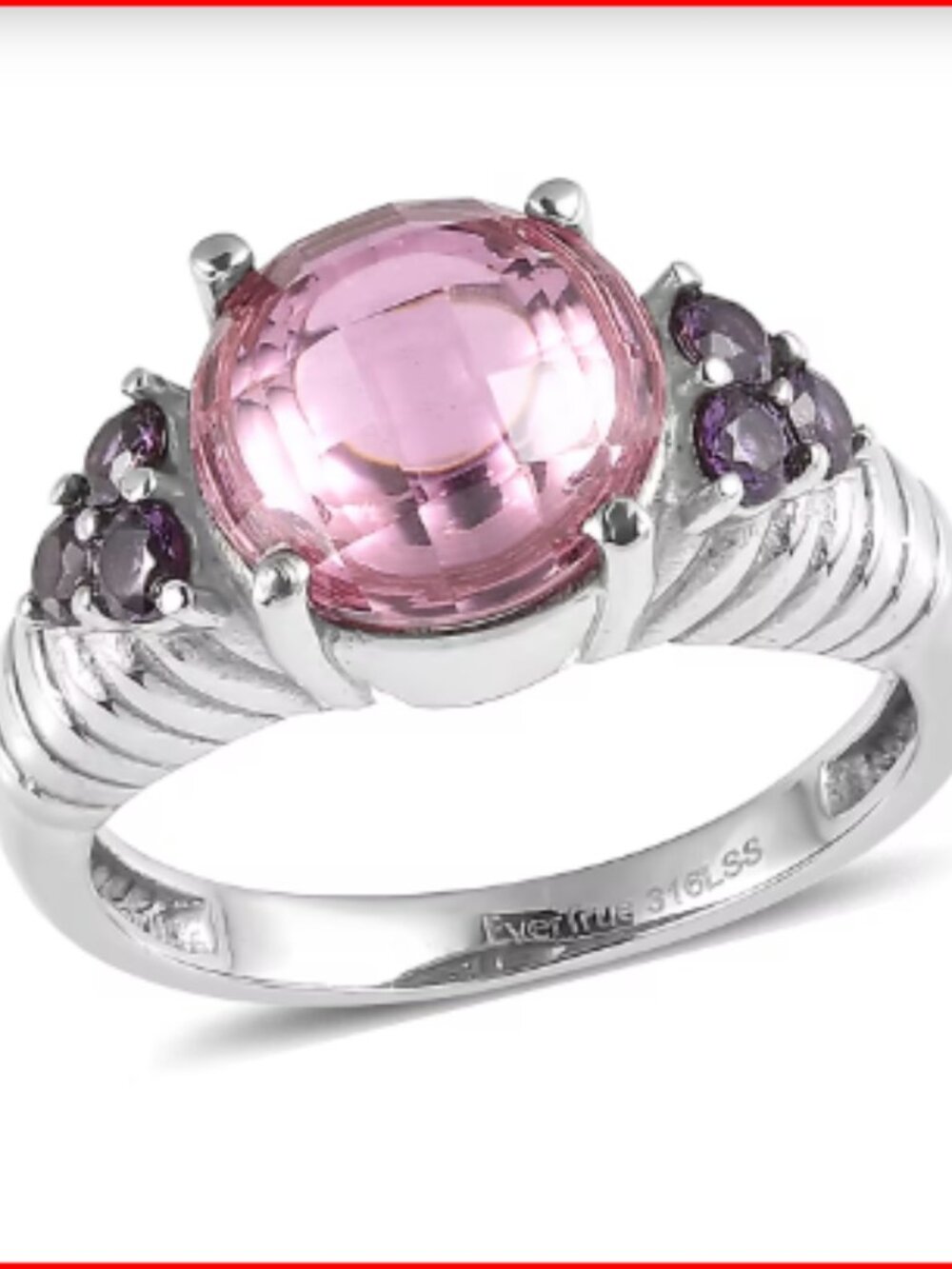 Simulated Pink and Amethyst Color Diamond Ring in Stainless Steel